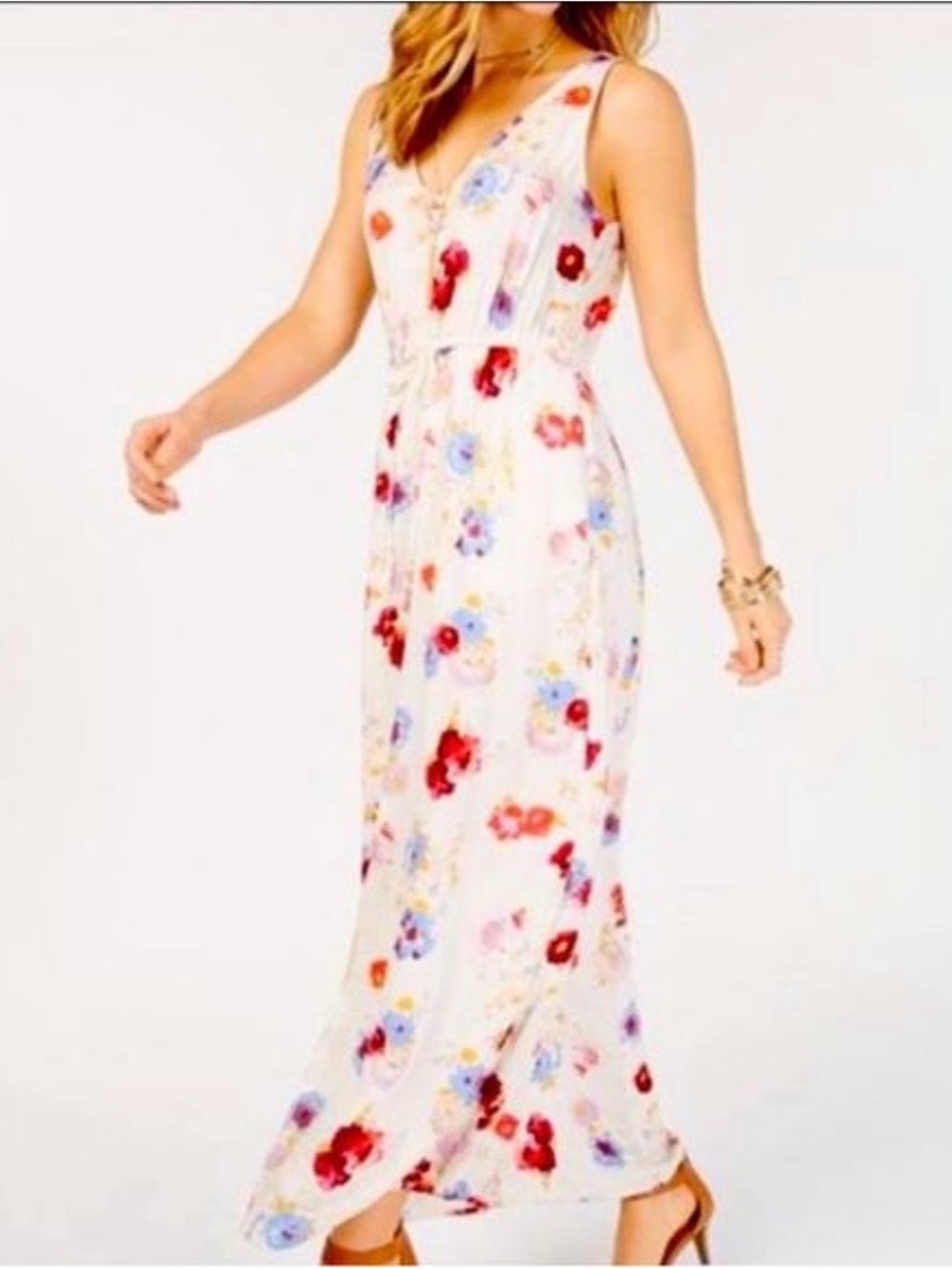 Lucky Brand White Maxi Dress with Red, Blue & Yellow Floral Print